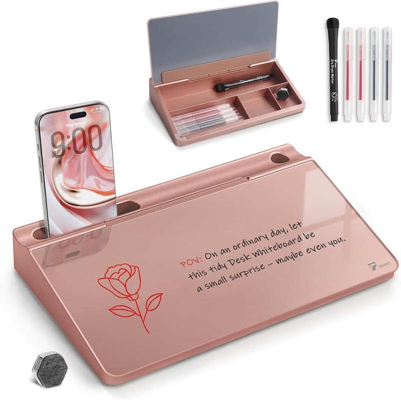TOWON Small Compact Glass Desktop Whiteboard with Storage – 12 x 7 in Dry Erase Board for Desk, Home Office, School | Includes 5 Markers, Eraser & Holder | Space-Saving Organizer, Aesthetic Rose Gold - Image 1